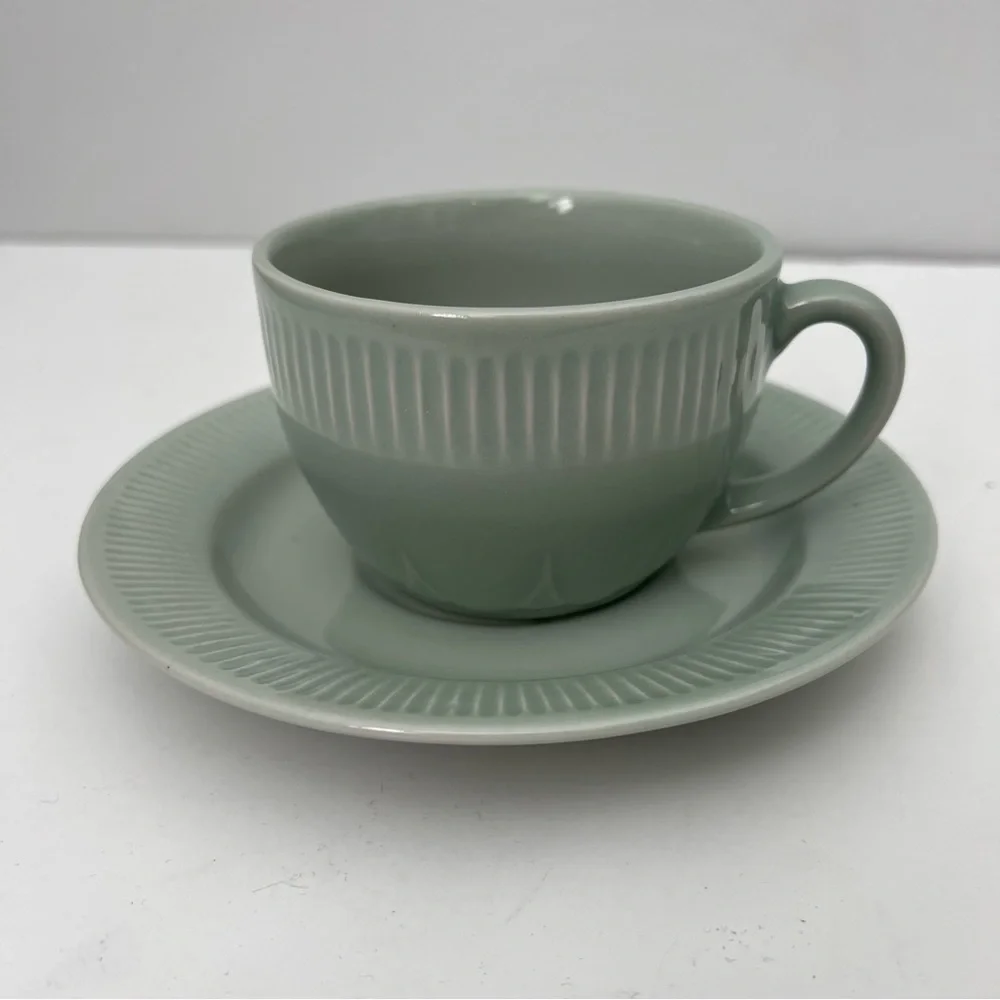 Pottery Barn Ribbed Cup and Saucer Set of 2 Sage Green Cottage Core